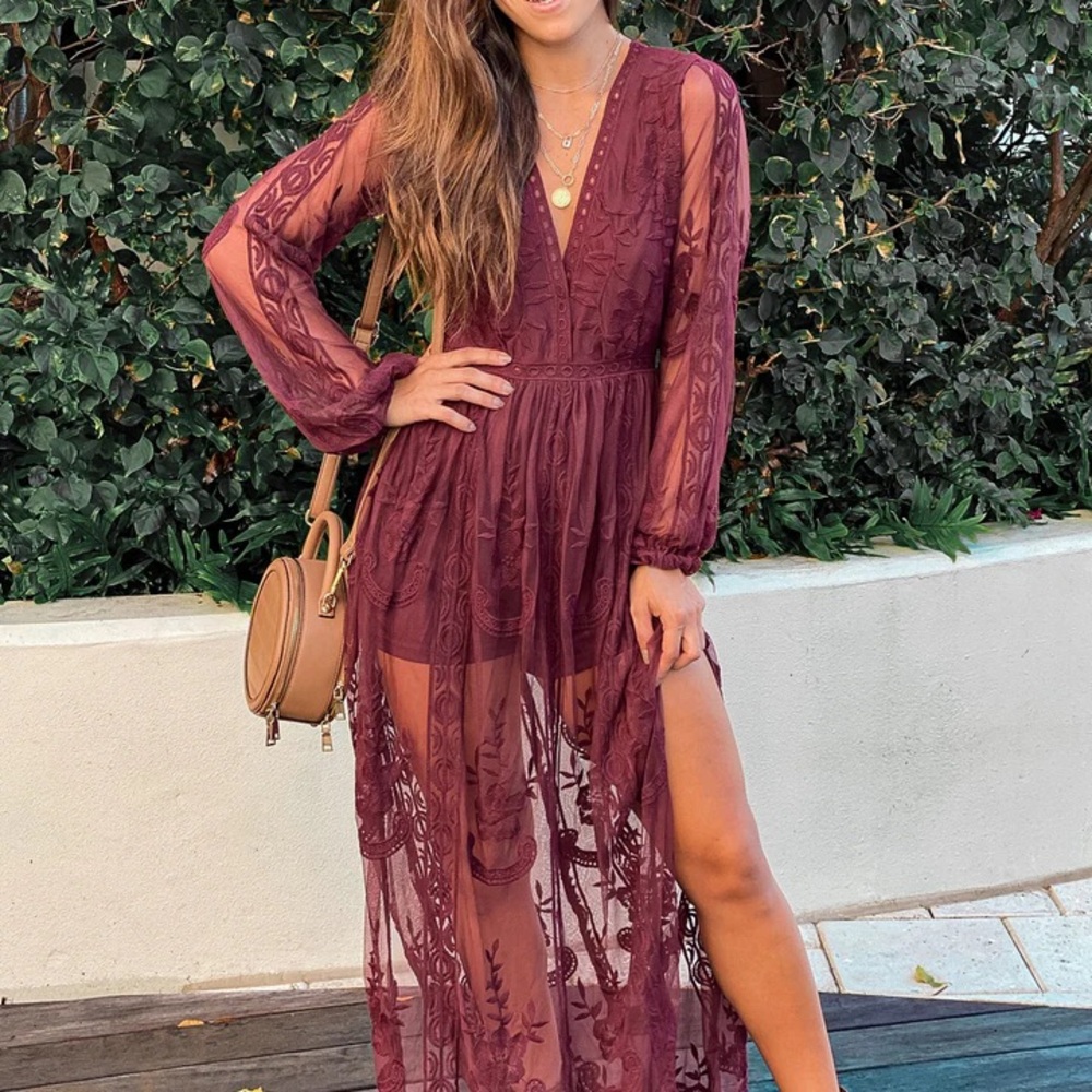 Elegant Burgundy long sleeve Lace Dress lace vneck gown